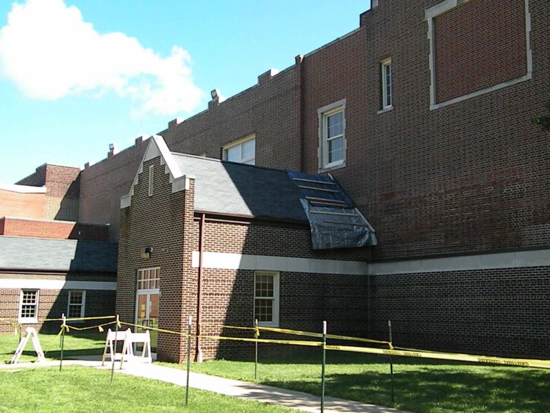 090511 (Update) Capstones topple from roof of Cornerstone Elementary School