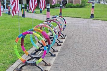 Wooster Main Library showcasing yarnbombing